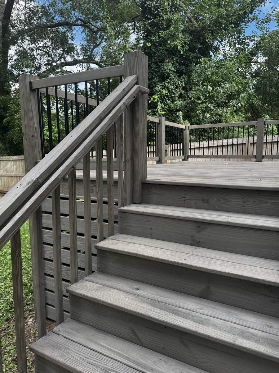 Cape Cod gray stained deck stairs and landing