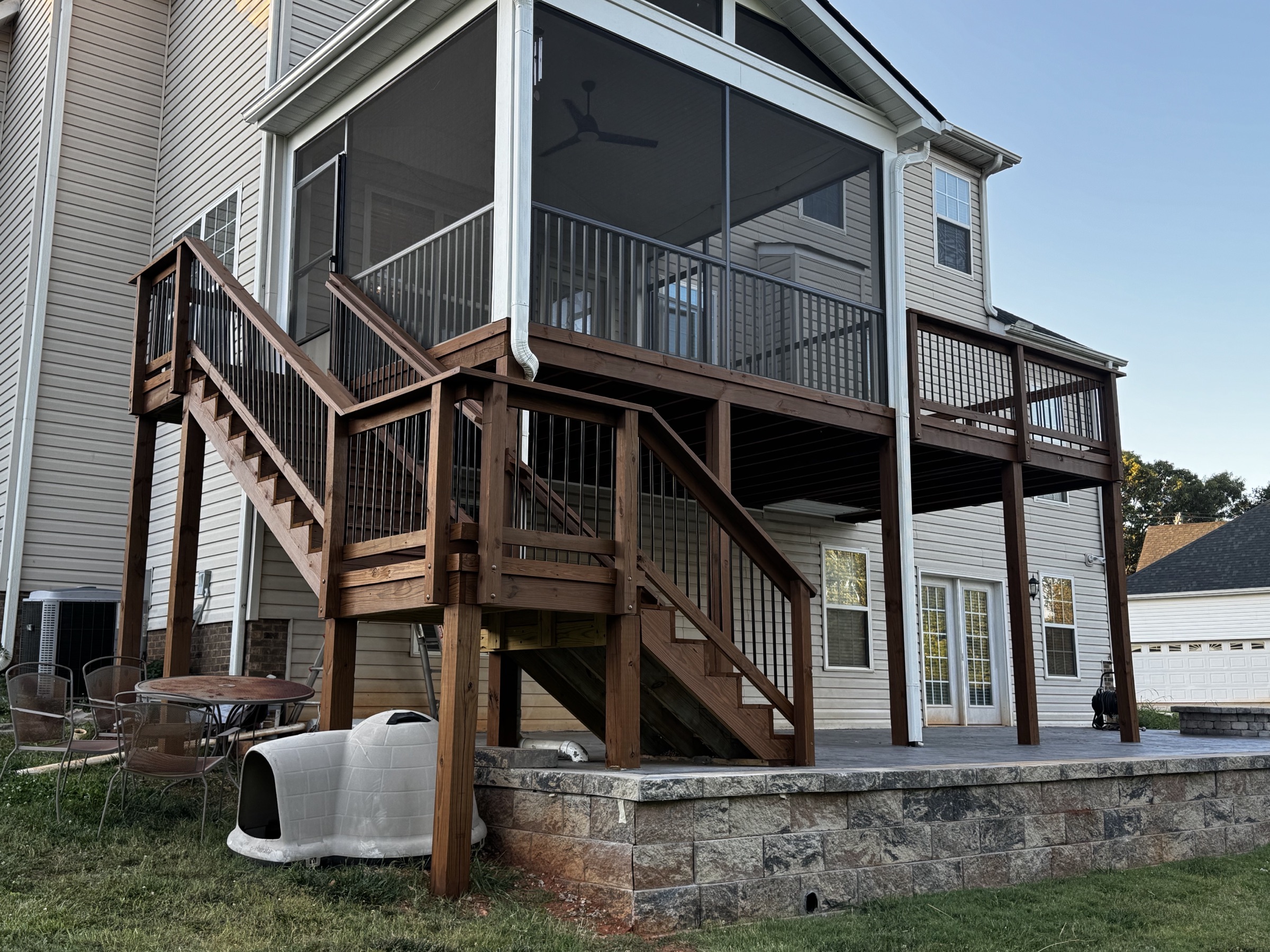 Chocolate stained deck, stairs, and screened porch